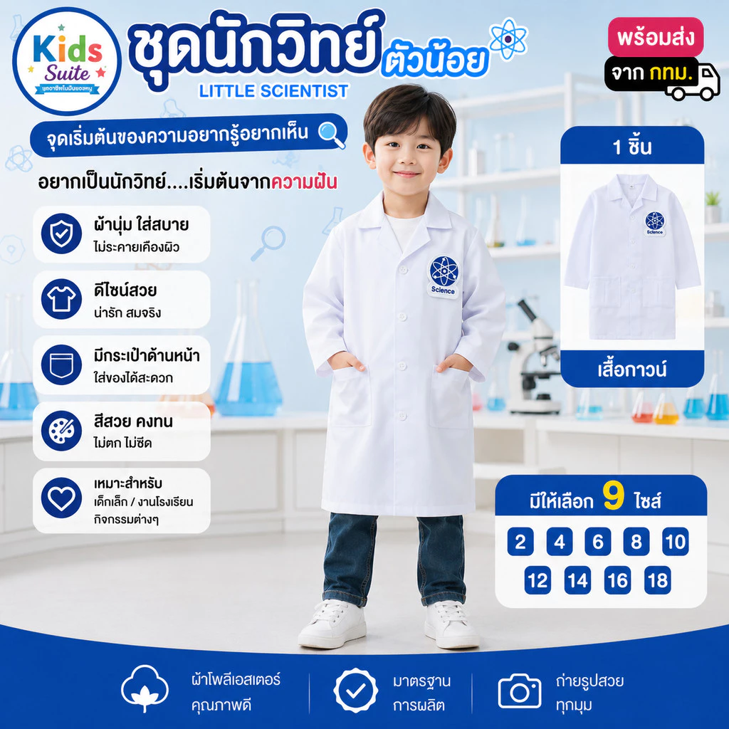 ชุดอาชีพเด็ก ชุดนักวิทยาศาสตร์ ชุดนักวิทย์ ชุดกาวน์ยาว ชุดหมอแล๊ป ชุดกาวน์ ชุดนักวิทยาศาสตร์ตัวน้อย ชุดอาชีพในฝันเด็ก