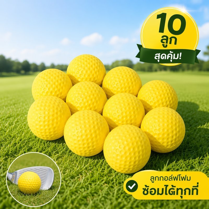 ลูกบอลซ้อมกอล์ฟโฟม 10 ชิ้นชุด PU นุ่มน้ําหนักเบาสีเหลืองเริ่มต้นการฝึกอบรมในร่ม