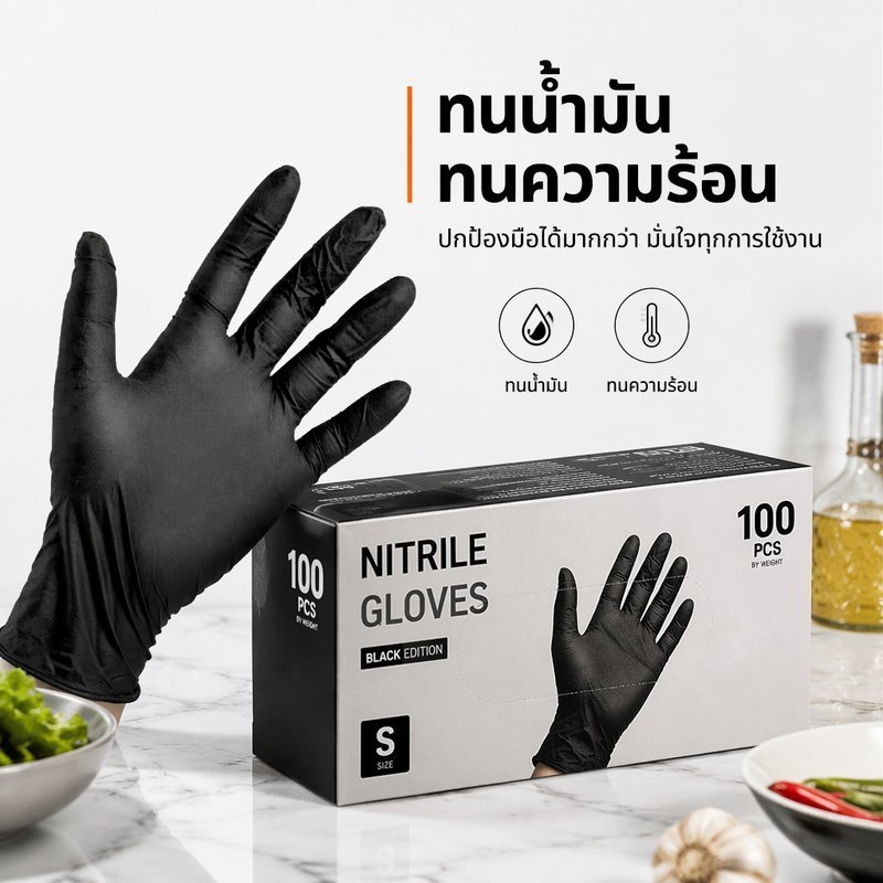 ถุงมือไนไตรล์สีดําทิ้งอาหารเกรดนิ้วพื้นผิวความร้อนทนน้ํามัน100ชิ้นกล่อง