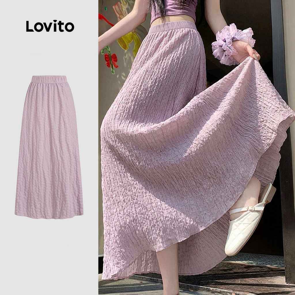 Lovito กระโปรงสีม่วงสําหรับฤดูร้อนของผู้หญิง กระโปรงพลีตชายระบาย LK6ED203