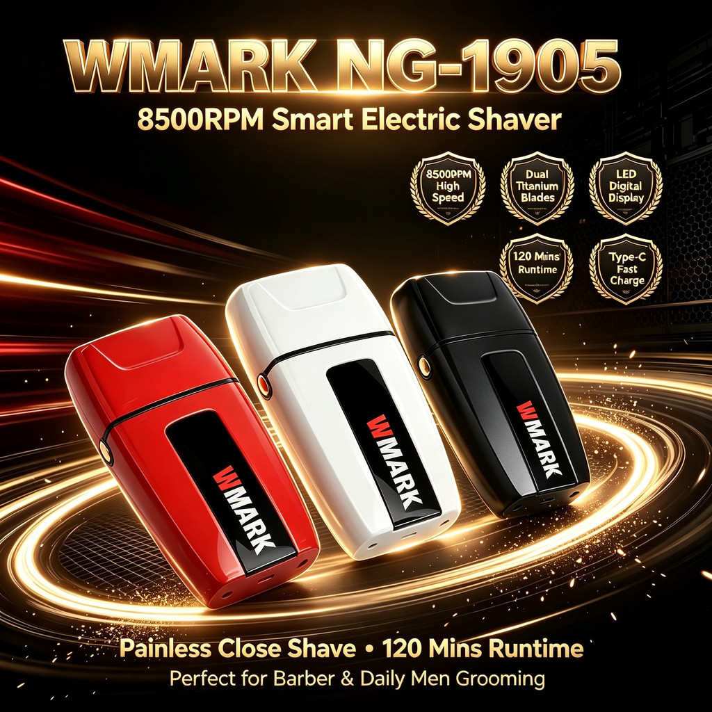 WMARK NG-1905 8500RPM Pro เครื่องโกนหนวดไฟฟ้า, จอแสดงผล LED, ใบมีดไทเทเนียมคู่, ชาร์จเร็ว Type-C, มี