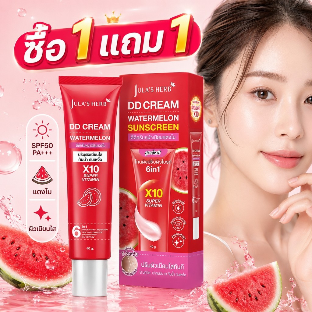 ซื้อ1แถม1🌟JULA'S HERB DD Cream Watermelon SPF50 PA+++ ครีมกันแดด 6in1 ปรับสีผิวสม่ำเสมอ กันน้ำ บางเบา 40g