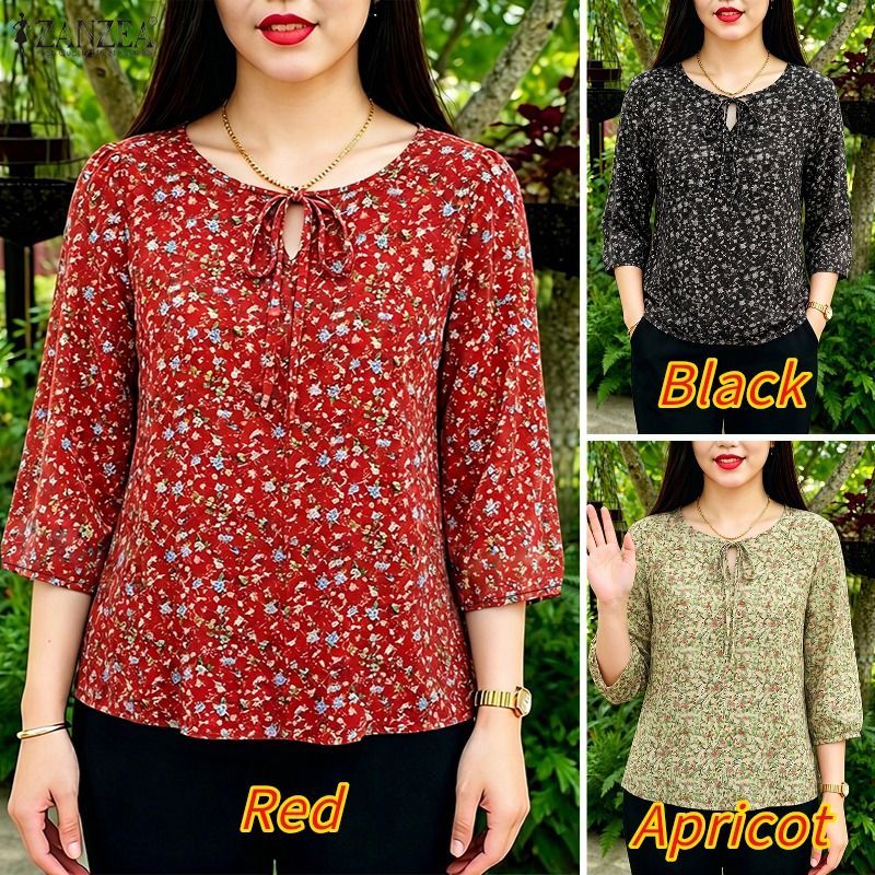 ZANZEA ใส่ ซานเซีย ผู้หญิงเกาหลีทุกวันหลวมดอกไม้พิมพ์ โอ คอ3/4แขนเสื้อคอ — صورة 3
