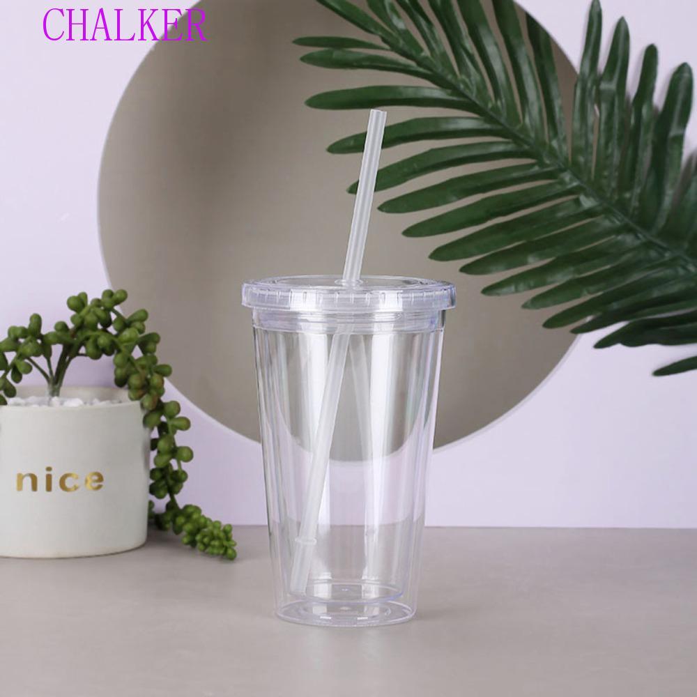 CHALKER แก้วใส, 350/450/650ml ขวดน้ําโปร่งใส, ถ้วยสมูทตี้พร้อมฝาปิดและฟางถ้วยกาแฟเย็นพลาสติกสองชั้นใช้ในบ้าน