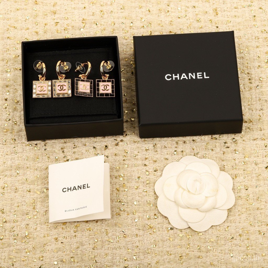 ต่างหูสี่เหลี่ยมสีชมพูคู่วัสดุทองเหลือง Rhinestone Light Top Ear Simple All-Match 7K5D