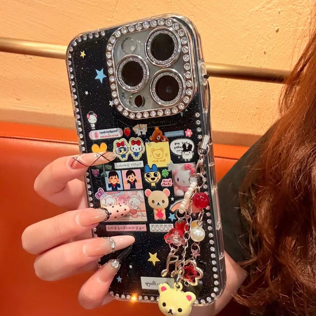 พื้นหลังสีดําการ์ตูน Tuo Ma Gezi เหมาะสําหรับ Apple 15promax เคสโทรศัพท์จุดเพชรกรอบ 168.2