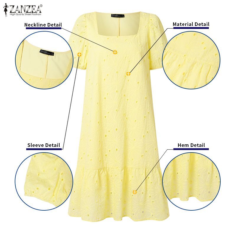 ZANZEA ผู้หญิงวันหยุดเกาหลี Vibes สแควร์คอพัฟแขน Hollow Lace Ruffles Hem A-Line Dresses — صورة 7
