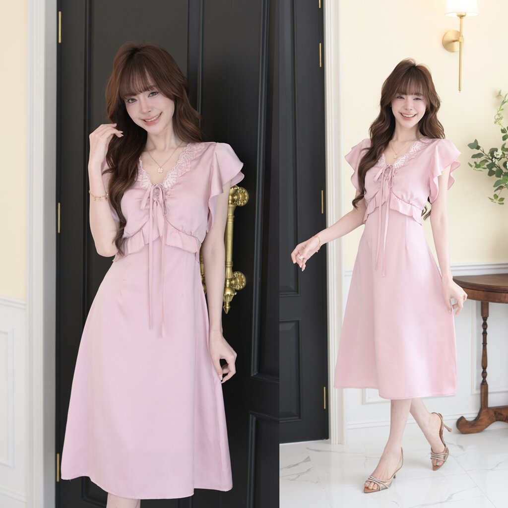 Ladylacy Satin Midi Dress : สีชมพู [Made by Pastel Time]