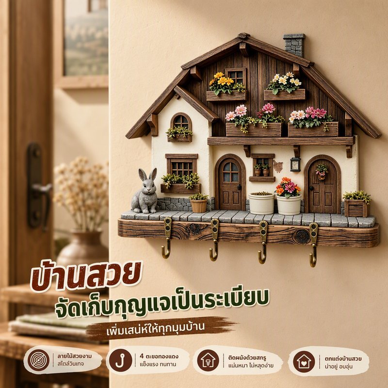 ที่แขวนกุญแจไม้ติดผนัง ลาย Route 66 วินเทจ พิมพ์ 2D HD ตะขอทองแดง 4 ตะขอ แขวนกุญแจ