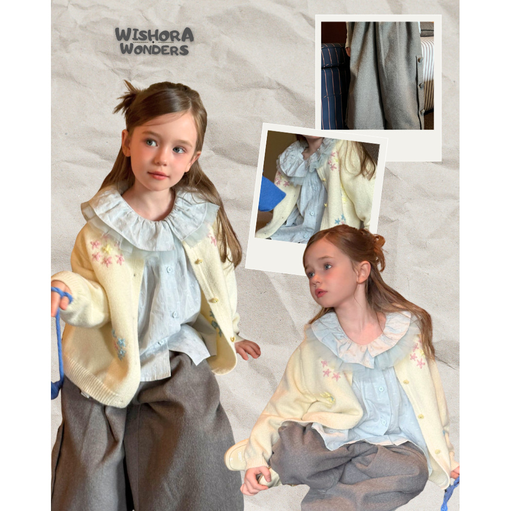 WISHORA WONDERS 26AW DLS260430 Rosie Charm Sweater/pants เสื้อผ้าเด็กผู้หญิง ลายดอกไม้ สไตล์เกาหลี เสื้อแขนยาว กางเกงขาว