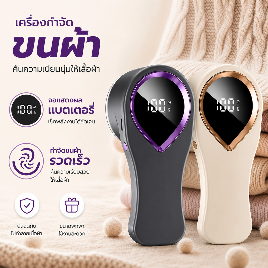 เครื่องตัดขุยผ้า Lint Remover จอแสดงผล LED ชาร์จType-C ไร้สาย Hair Ball Fuzz Trimmer