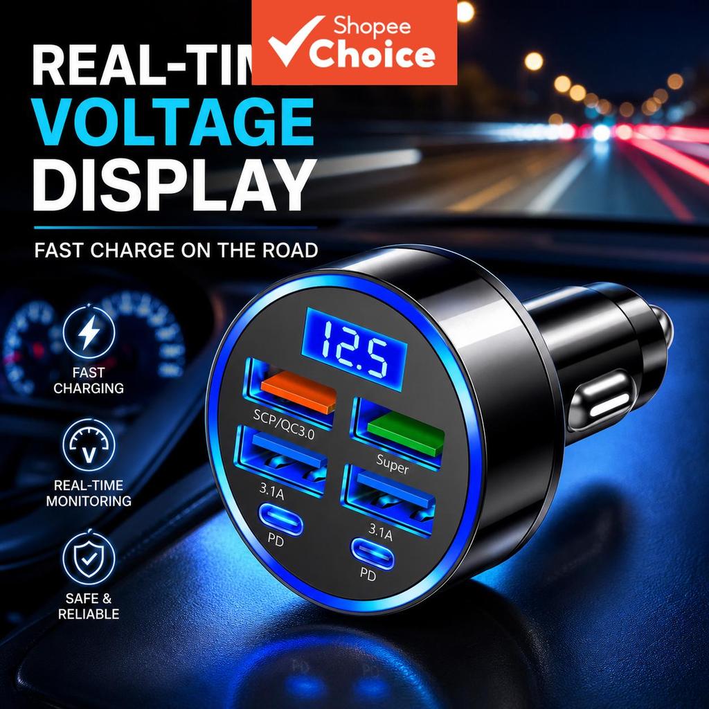 6-Port Car Charger Usb‐C Pd Qc3.0 Super‐Fast‐ อะแดปเตอร์ชาร์จสําหรับ Iphone 15 Pro Samsung S24 Xiaom