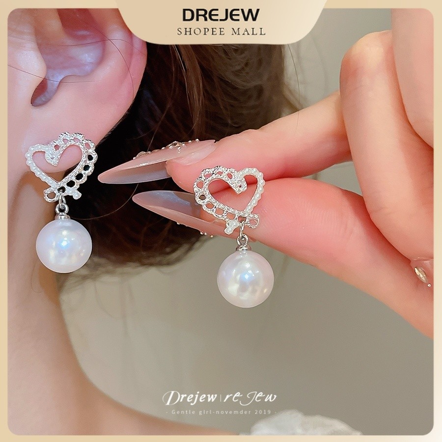 DREJEW ลูกไม้ Hollow Heart Stud ต่างหูเลียนแบบ Pearl Drop โบว์หวานตกแต่งทุกวัน Party เครื่องประดับหูสําหรับผู้หญิง