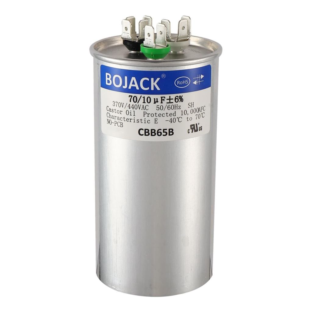 BOJACK 70+10 uF 70/10 MFD ±6% 370V/440 VAC CBB65 Dual Run Circular Start Capacitor สําหรับ AC มอเตอร