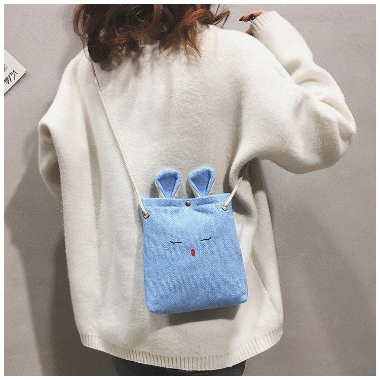 ihappy-shop：กระเป๋าสะพายข้างผ้าแคนวาสลายกระต่ายน่ารัก-มีหลายสีให้เลือก สำหรับออกเดินทางประจำวัน