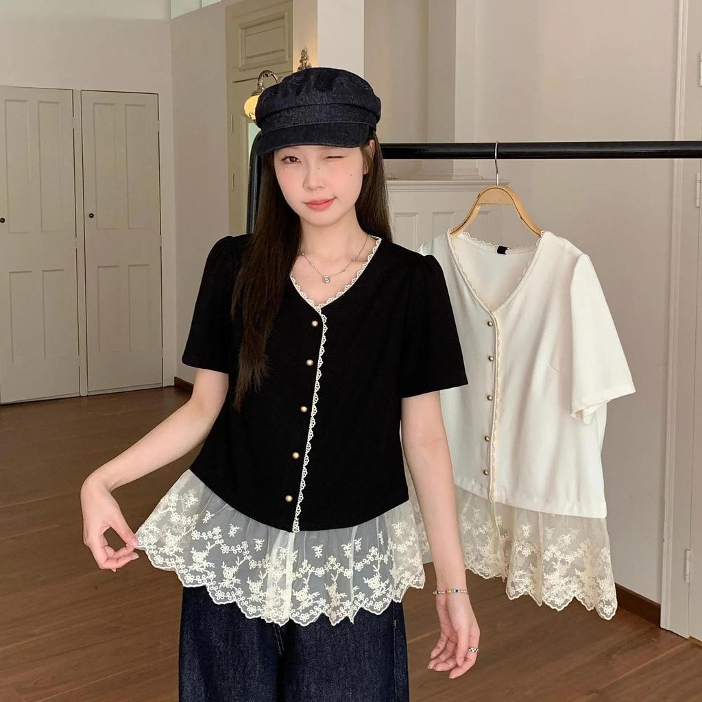 Anna_fashion เสื้อเชิ้ตผ้าลูกไม้ปะติดปะต่อสไตล์ฝรั่งเศส ไซส์ใหญ่ หรูหรา น่ารัก ใส่ได้หลายโอกาส คอลเล็กชั่นฤดูร้อน W754