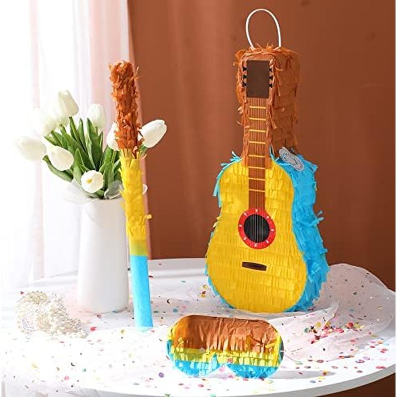 Ste Guitar Pinata Bundle with a Blindfold and Bat, Kids Guitar Musical Fiesta Pinata for Boys Girls 