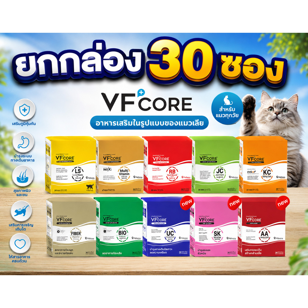 [ยกกล่อง 30 ซอง] VF Core ขนมแมวเลีย วีเอฟพลัสคอร์ ขนาดซอง 12 กรัม