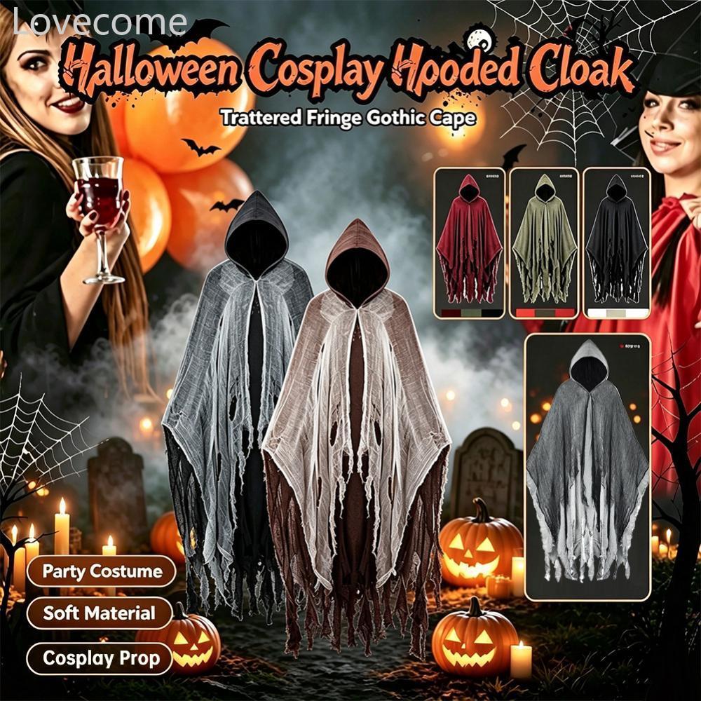 Lovecome Unisex ยาวสีดํา Hooded เสื้อคลุมสําหรับผู้ใหญ่ Gothic สยองขวัญ Robe น่ากลัวฮาโลวีน Masquera