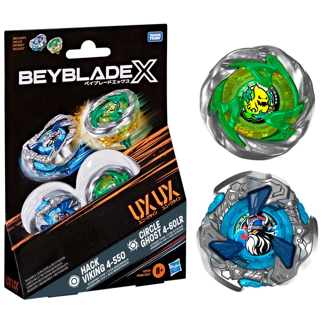 Hasbro Beyblade X Circle Ghost 4-60LR UX & Hack Viking 4-55O UX Takara Tomy Dual Pack Set with 2 Clo