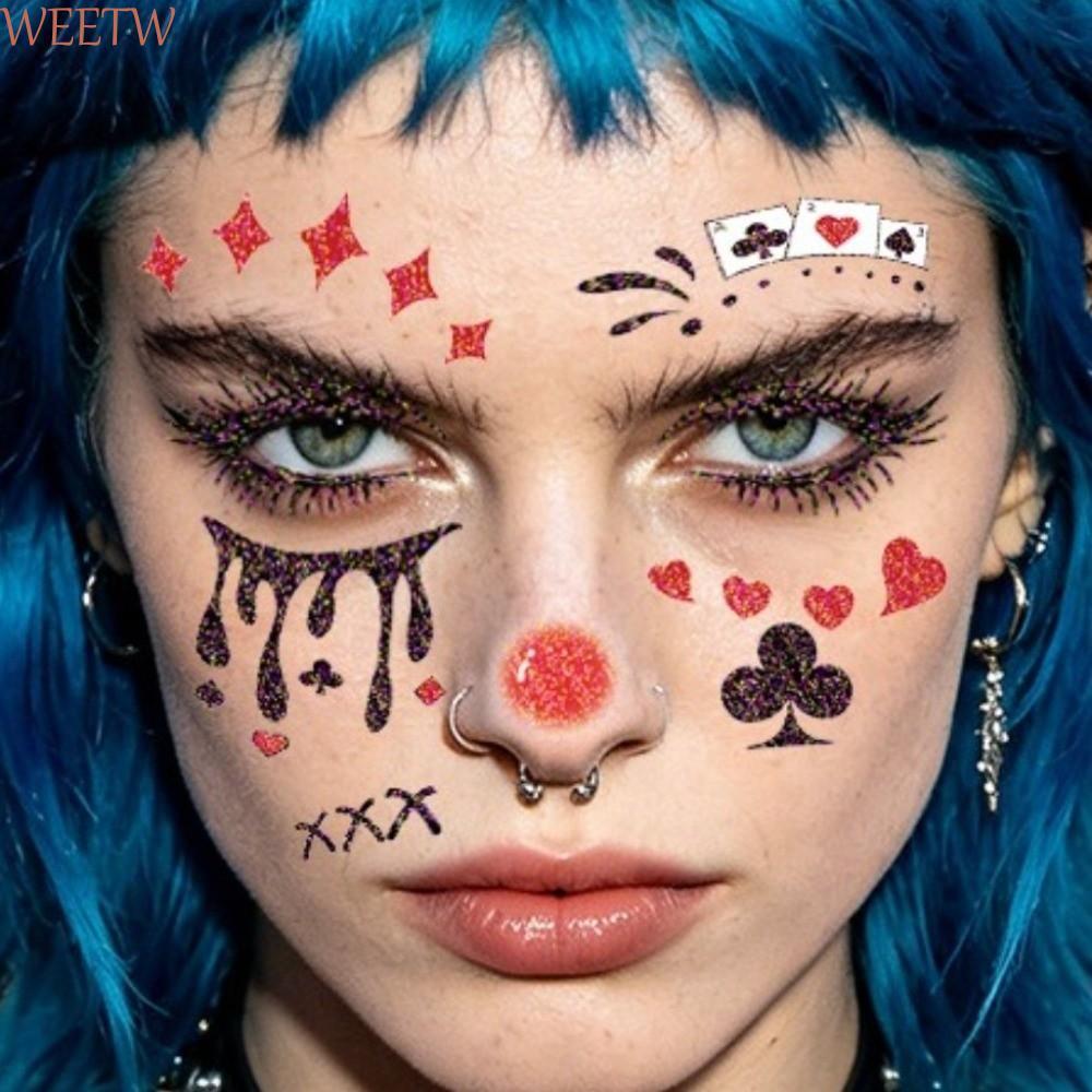 WEEKW 4 ชิ้น Joker Blush รอยสักชั่วคราว, กันน้ํายาวนานฮาโลวีน Joker Tattoo สติกเกอร์, สมจริง Glitter