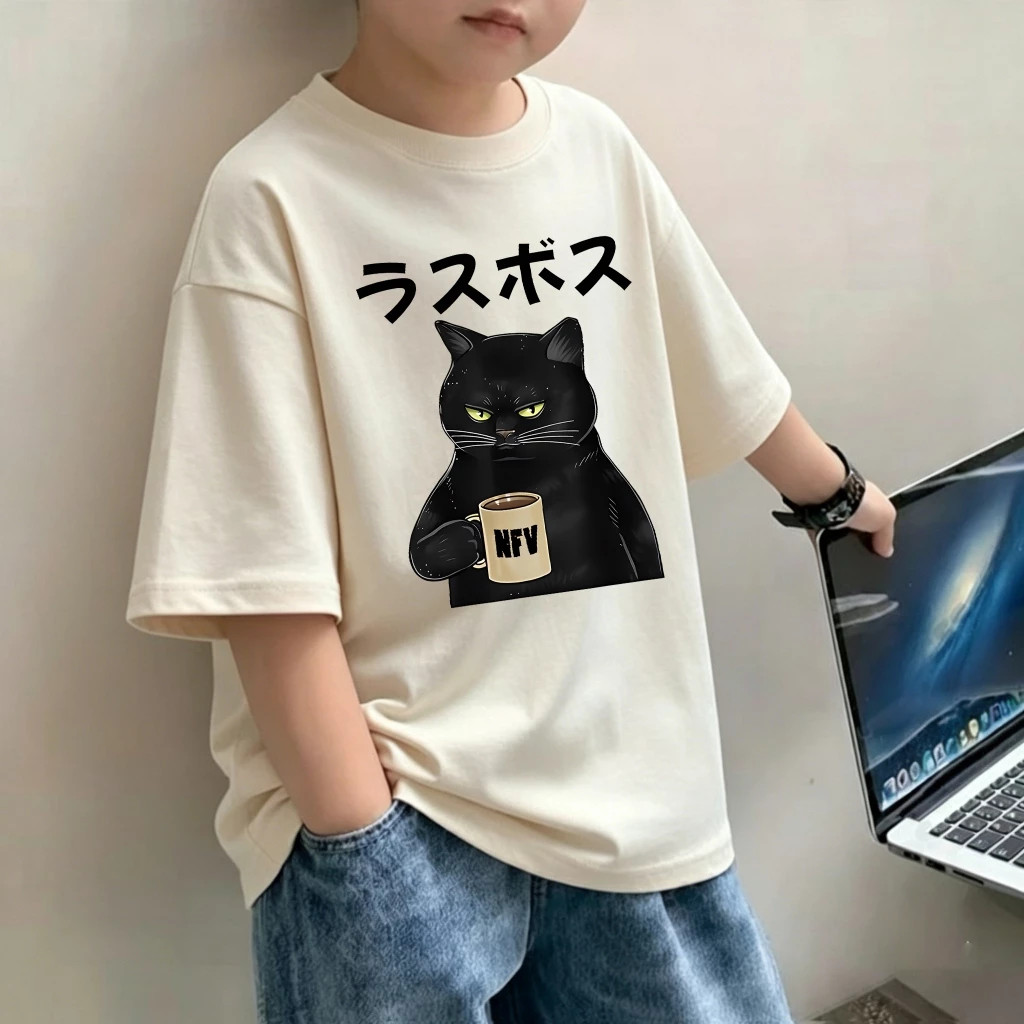 NASA เสื้อยืดเด็ก ผ้าฝ้าย 100% ลายการ์ตูนแมวน้อยสีดำ เสื้อยืดเด็กผู้ชาย สไตล์ญี่ปุ่น เหมาะสำหรับเด็กอายุ 1-12 ปี
