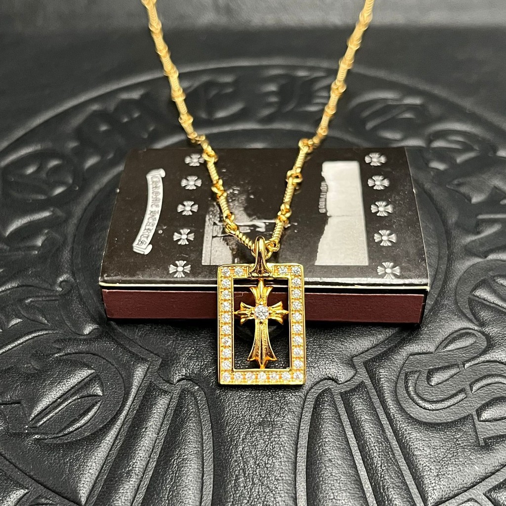 สร้อยคอ/ความรู้สึกระดับไฮเอนด์ 22K Gold Plated Diamond Cross Tag สร้อยคอ
