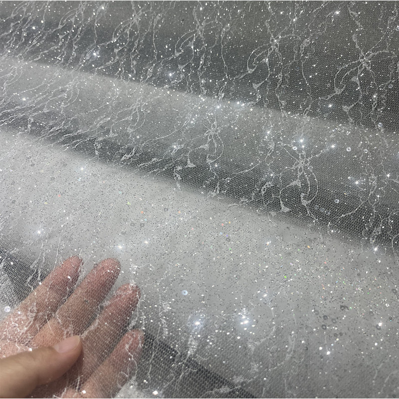 Hot Silver Powder Spray Silver Fine Glitter Lace Pattern Gauze Wedding Dress Base Bright Shiny Trans