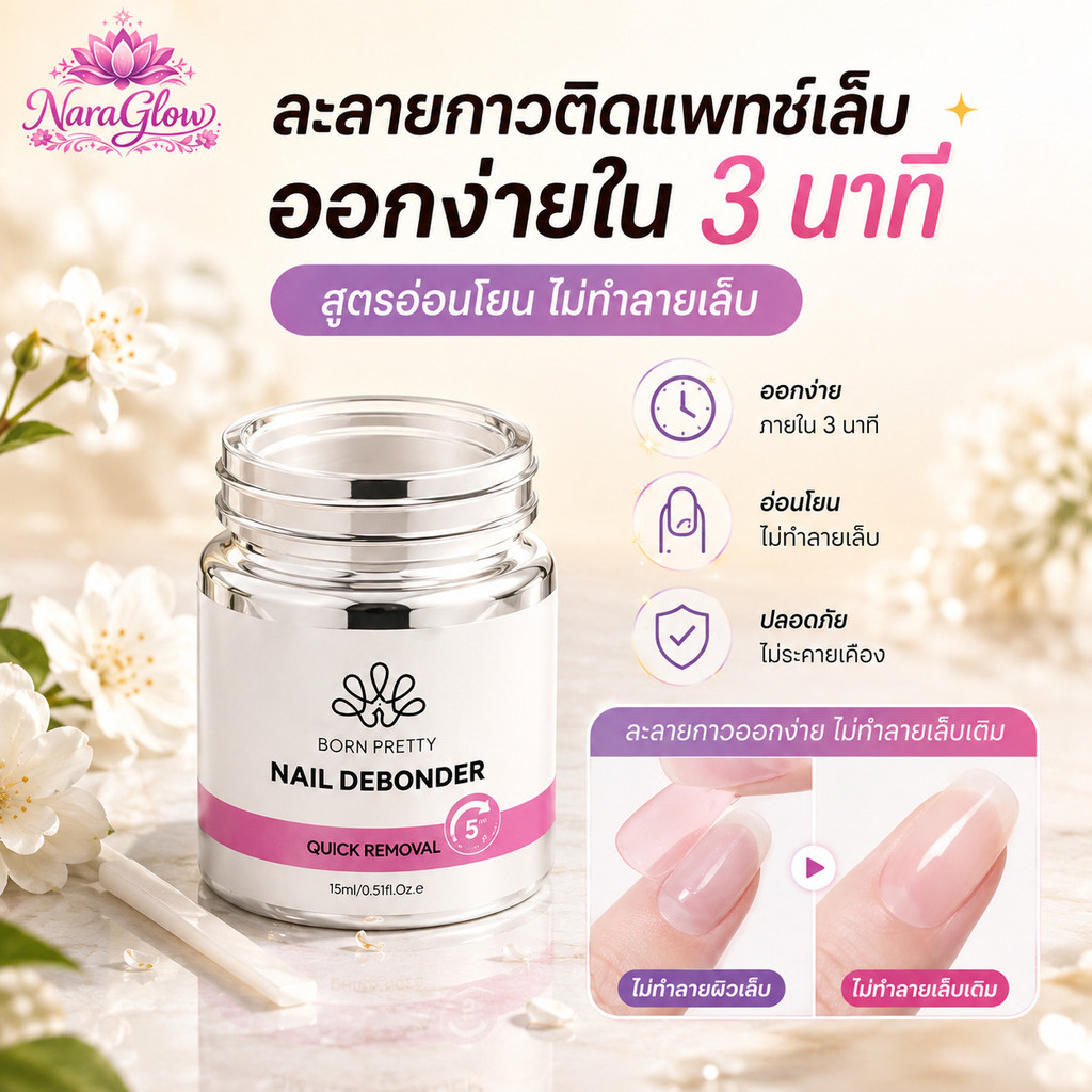 น้ำยาละลายกาวติดแพทช์เล็บ ถอดเล็บปลอมง่าย ไม่ทำลายเล็บจริง กลิ่นไม่ฉุน ละลายกาวเร็ว เช็ดคราบเหนียว จุ่มนิ้วได้