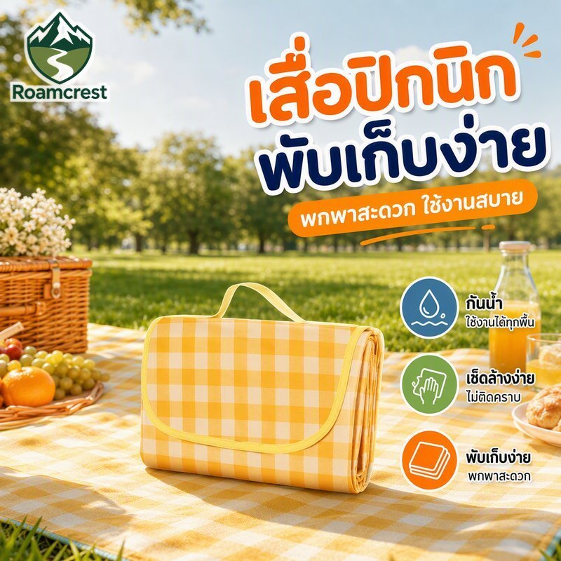 เสื่อปิกนิกพับได้กันน้ําฟอร์ดคราบทนทําความสะอาดง่ายม้วนแบบพกพาชายหาดตั้งแคมป์