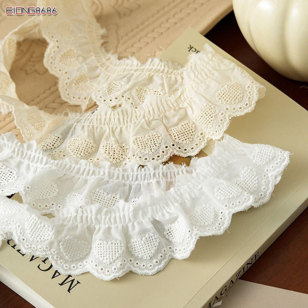 EIONG8686FT Ruffle Lace Trim, กว้าง 4 ซม.ผ้าฝ้ายลูกไม้,เสื้อผ้าอุปกรณ์เสริม Ruffle Design สีขาวเย็บปักถักร้อย Trim