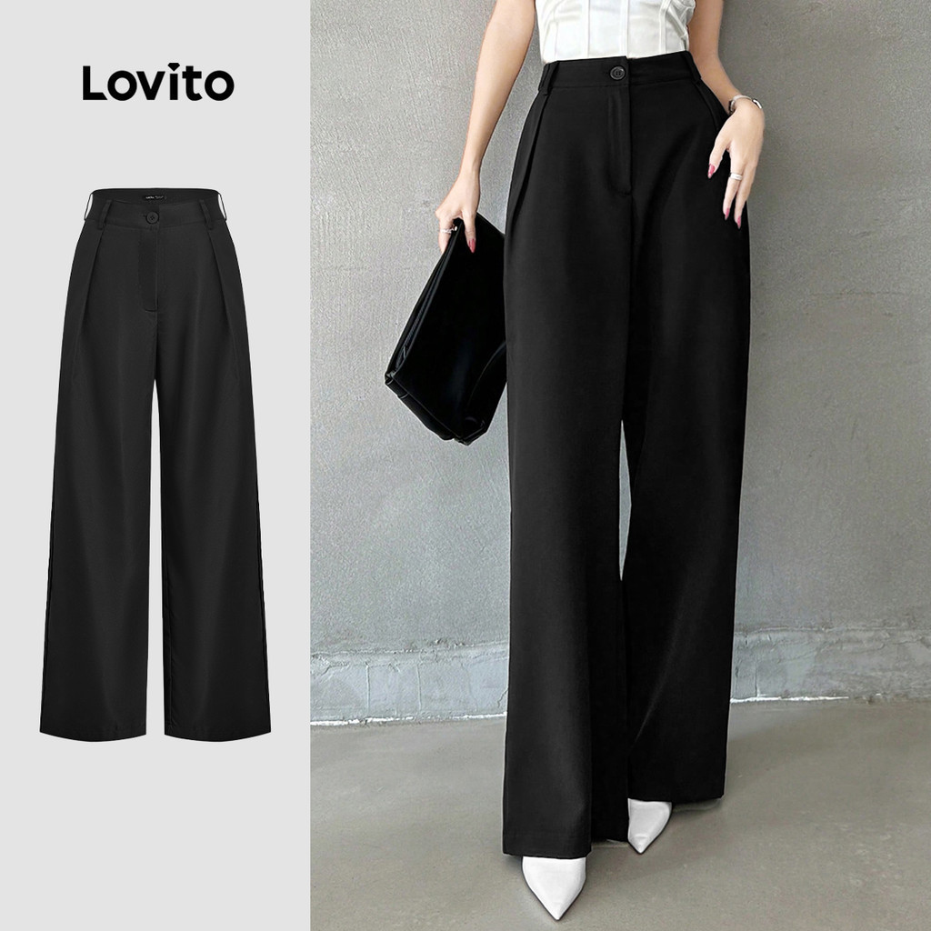 (New) Lovito กางเกงชิวๆ จั๊มพ์ชายพับได้สำหรับฤดูใบไม้ผลิ/ฤดูร้อน สีดำ สำหรับผู้หญิง L143ED214