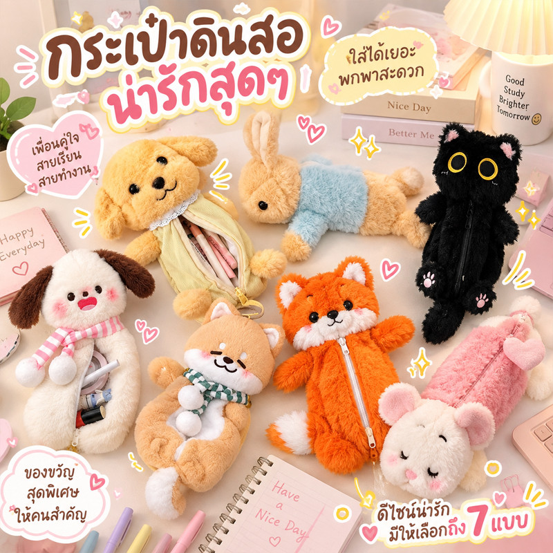 กระเป๋าดินสอ กระเป๋าเครื่องเขียน มีความจุมาก น่ารัก ตัวการ์ตูน ขนดก ตุ๊กตาขนนุ่ม