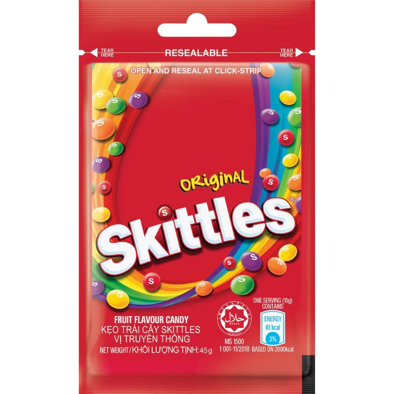สกิตเทิลส์ลูกอมเคี้ยวหนึบกลิ่นผลไม้รวม 45กรัม Skittles Mixed Fruits Soft Candy 45g. [หมายเลขบาร์โค้ด 4897010448016]