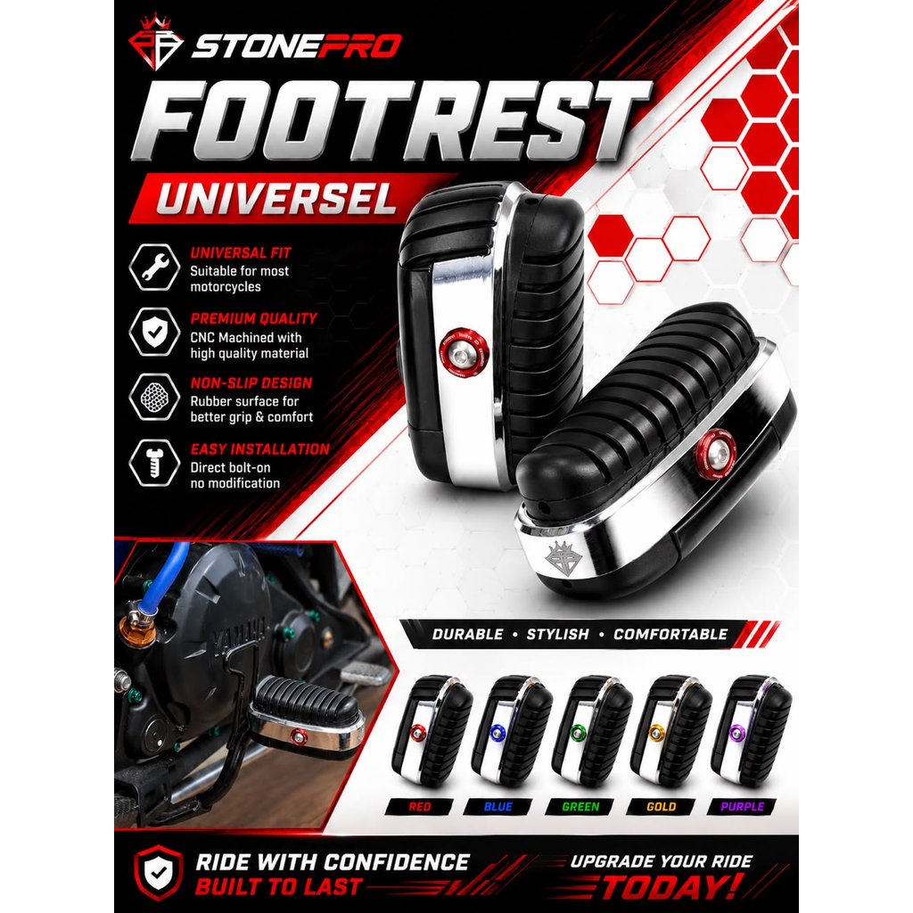STONEPRO UNIVERSEL FOOTREST CHROME PEMIJAK KAKI MOTOR LC135 V1-V8 W125 EX5 ALPHA CX WAVE CX SRL110 S