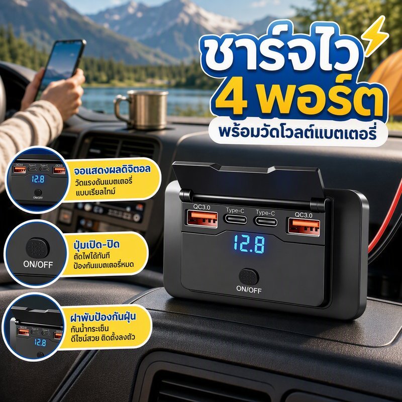 ที่ชาร์จในรถ QC3.0 USB 2 พอร์ต Type C 2 ช่อง ชาร์จเร็ว สวิตช์ปุ่มกด รุ่นมีจอวัดแรงดัน