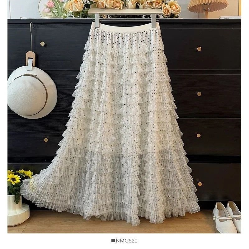 Zeolore Polka Dot Tulle Tiered เค้ก Maxi กระโปรง A-Line กระโปรงยาวกระชับสัดส่วนสําหรับผู้หญิง QT2897