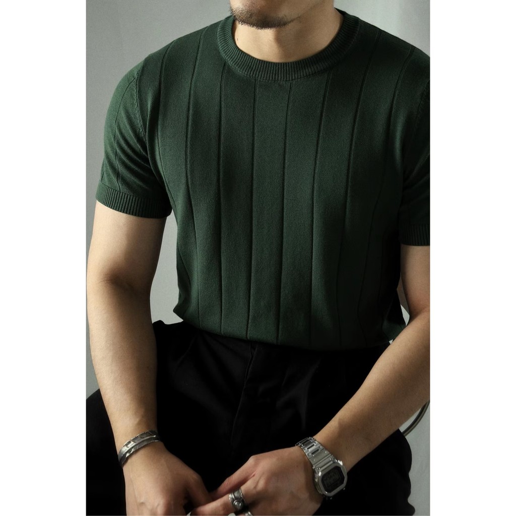 Chaimi Pit Strip Round Neck Short-Sleeved Sweater เสื้อยืดคุณภาพสูง Lenzing Tencel American Retro Am