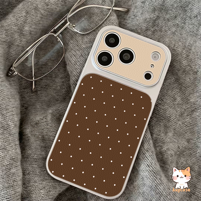สำหรับ iPhone 16 11 13 17 15 14 12 Pro Max 15 16 14 Plus เคสโทรศัพท์ หน้าต่างใหญ่ ลายจุดสีน้ำตาลวินเทจ สีตัดกัน