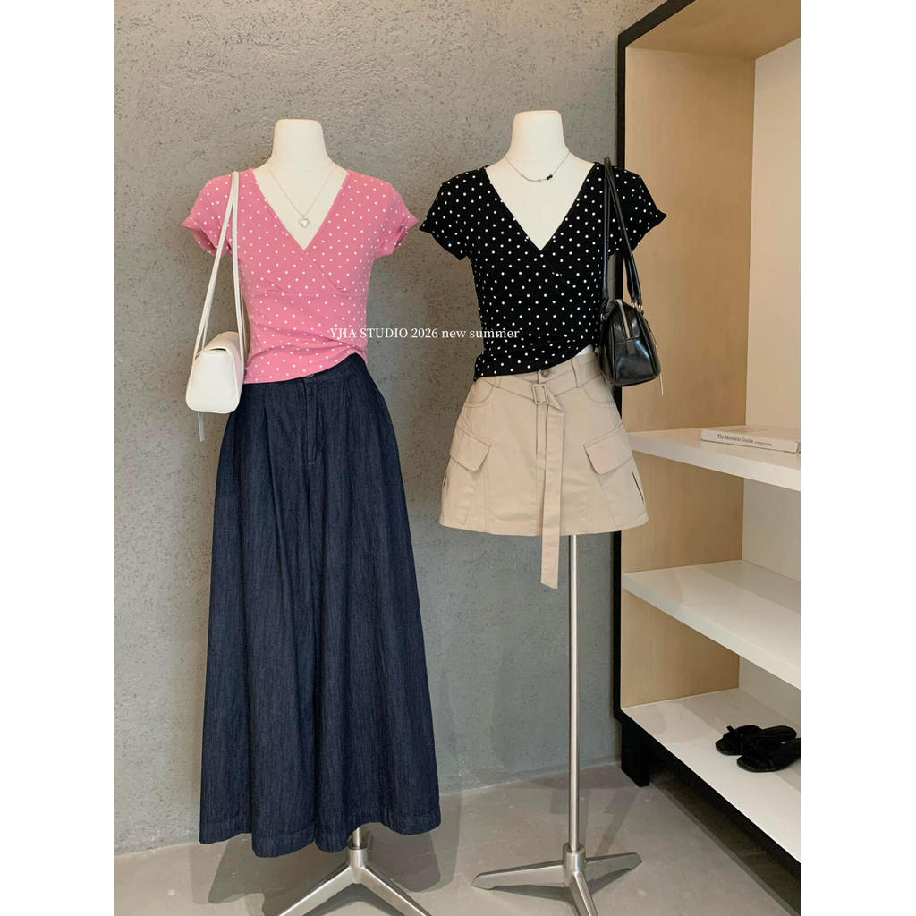 Y.JIA Iga-Midsummer Plum Wine Cross V คอ Polka Dot เสื้อยืดแขนสั้นบริสุทธิ์เสื้อยืดแขนสั้น YS6-7918