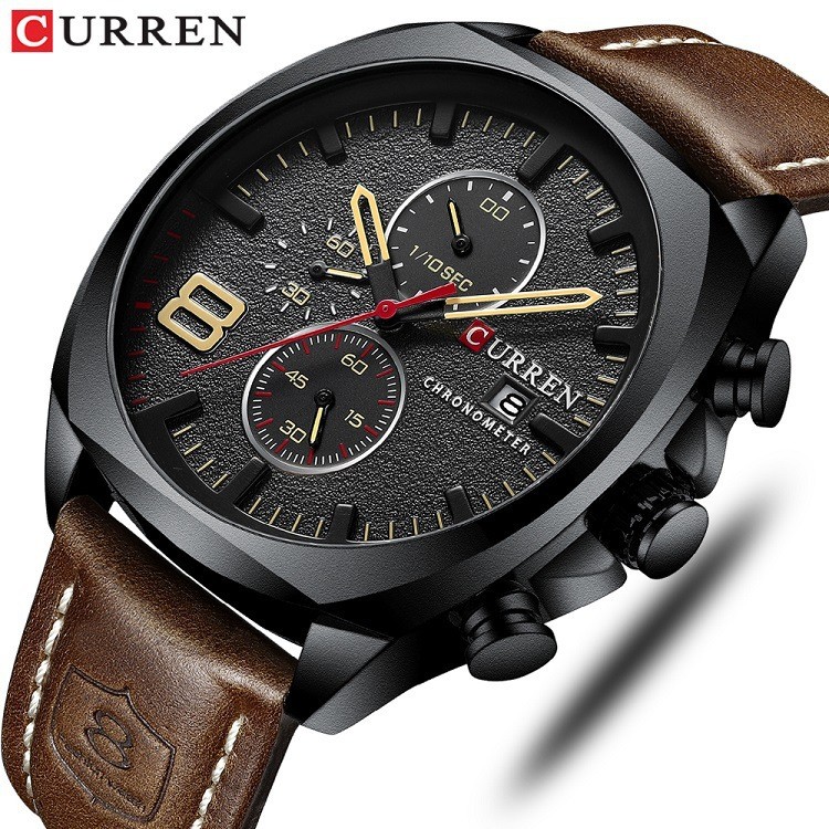 Curren Curren Curren 8624 เข็มขัดหกมือปฏิทินน้ําผู้ชายมัลติฟังก์ชั่นธุรกิจนาฬิกาควอทซ์ลําลอง