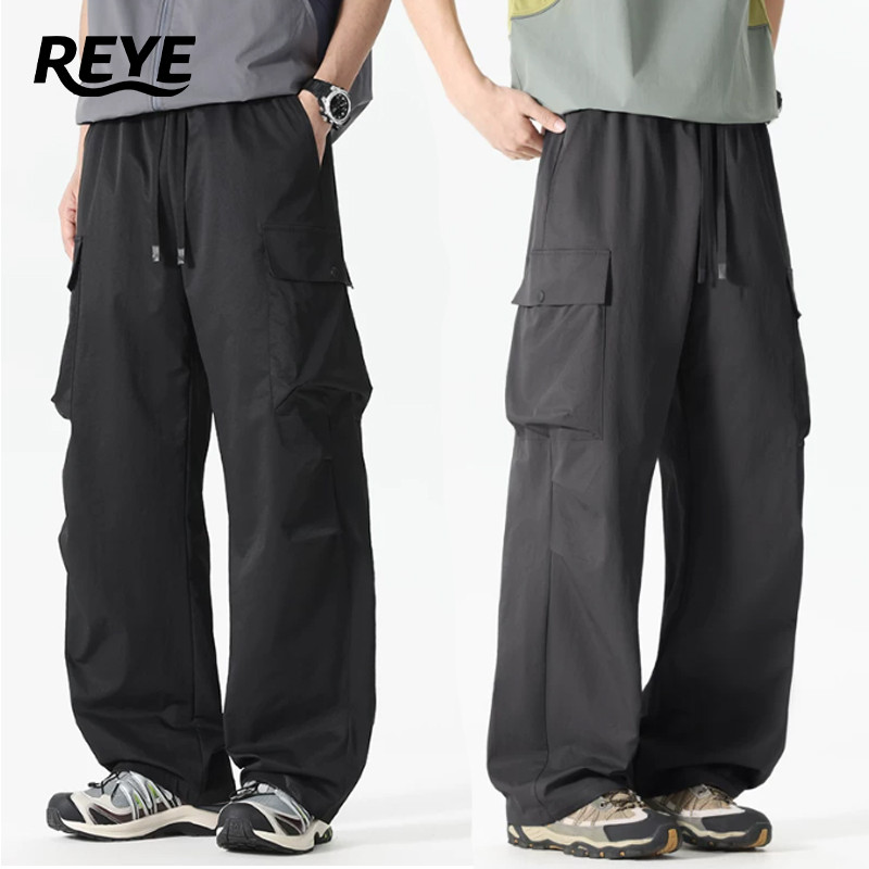 REYE กางเกงคาร์โก้ผู้ชาย กางเกงขายาว ทรงหลวม กระเป๋าใหญ่ เอวยางยืด สไตล์เกาหลี