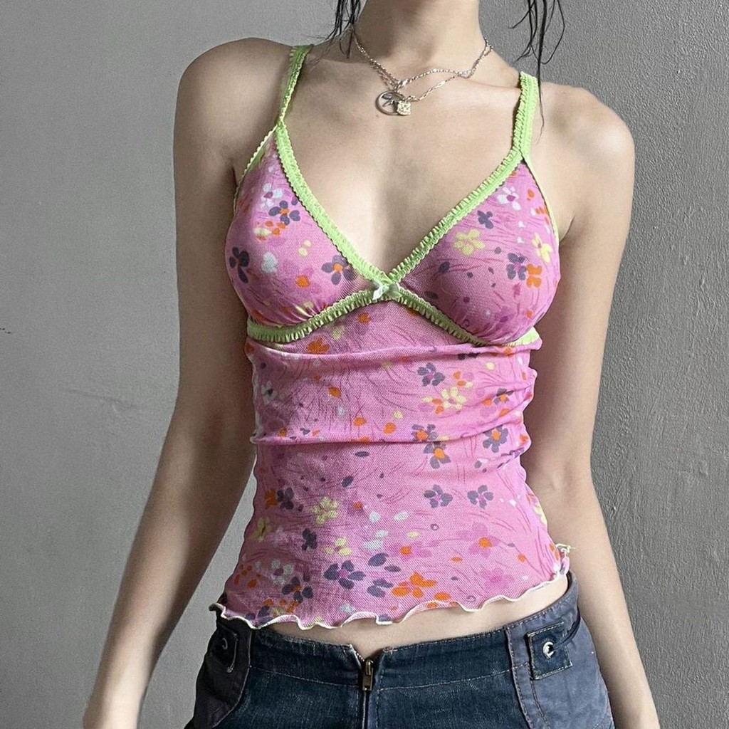 TINKOFF Bright Medium Pink Floral Stitching Gauze Chest Shape Sling V คอ Slim-fit Gauze Vest ผู้หญิง
