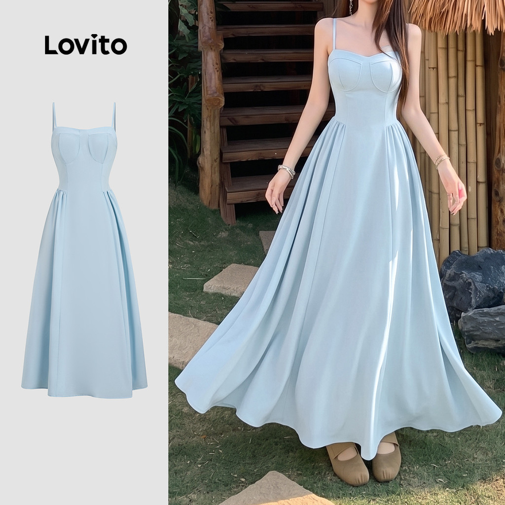 Lovito ชุดเดรสโบโฮ ลําลอง เรียบง่าย สีฟ้า สําหรับผู้หญิง ฤดูใบไม้ผลิ/ฤดูร้อน วันหยุด เกาหลี อินเทรนด์ เดรสเที่ยวเขา DRB200TD079