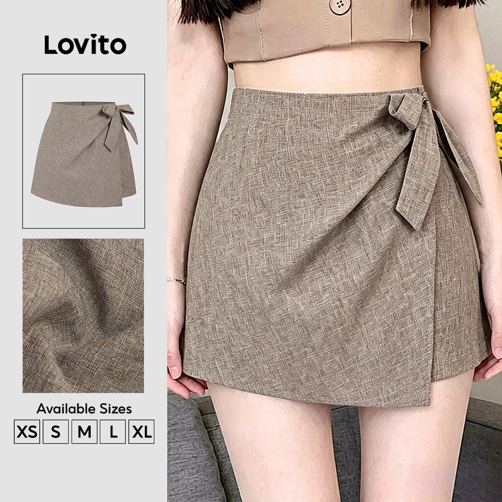 (New Arrival) Lovito กางเกงขาสั้นสีกากีแบบโบว์จีบสําหรับผู้หญิง ฤดูใบไม้ผลิ/ฤดูร้อน L198ED3177