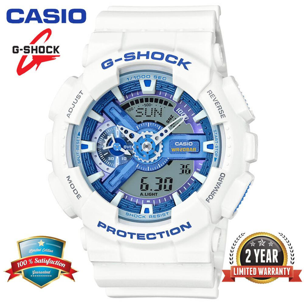 QIXIAO G*/*shock GA-110WB-7A นาฬิกาสปอร์ตผู้ชายอัตโนมัตินาฬิกาสปอร์ตสีขาวสีฟ้าแฟชั่นเรซิ่นสายนาฬิกา 