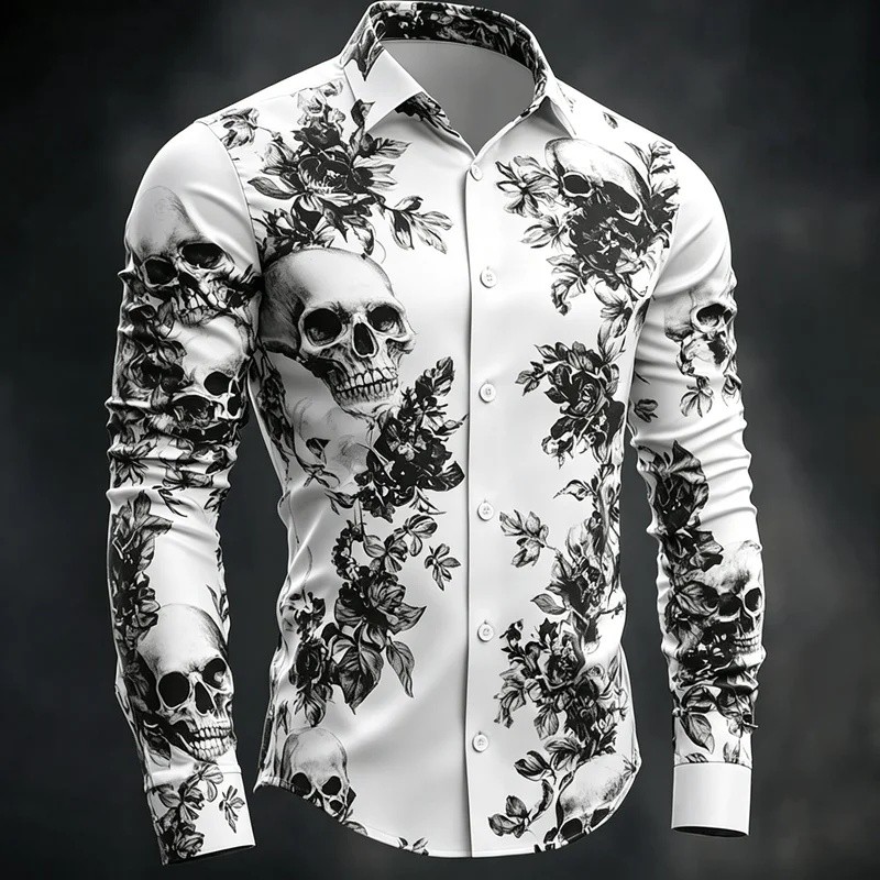 เสื้อเชิ้ตแขนยาวผู้ชาย Gothic Raven Skull พิมพ์สีขาวสีดําลายดอกไม้ Feather Swirls ปุ่มลําลองลงสําหรั