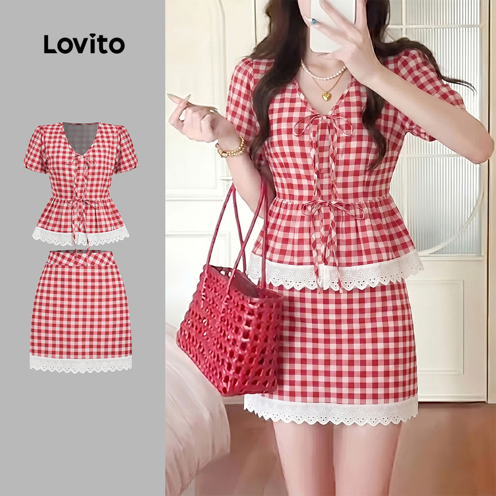 (New Arrival) Lovito เสื้อหรือกางเกงลําลองผู้หญิง แบบผ้าลายลูกไม้เย็บต่อกัน เหมาะสําหรับฤดูใบไม้ผลิ/ฤดูร้อน KSB198P1D420
