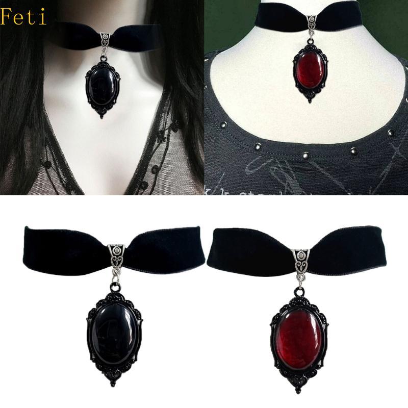 Feti กํามะหยี่สีดําคอ Gothic Victorian สีดํานูนคริสตัลสร้อยคอแฟชั่นผู้หญิงของขวัญ Pagan Witchcraft เ