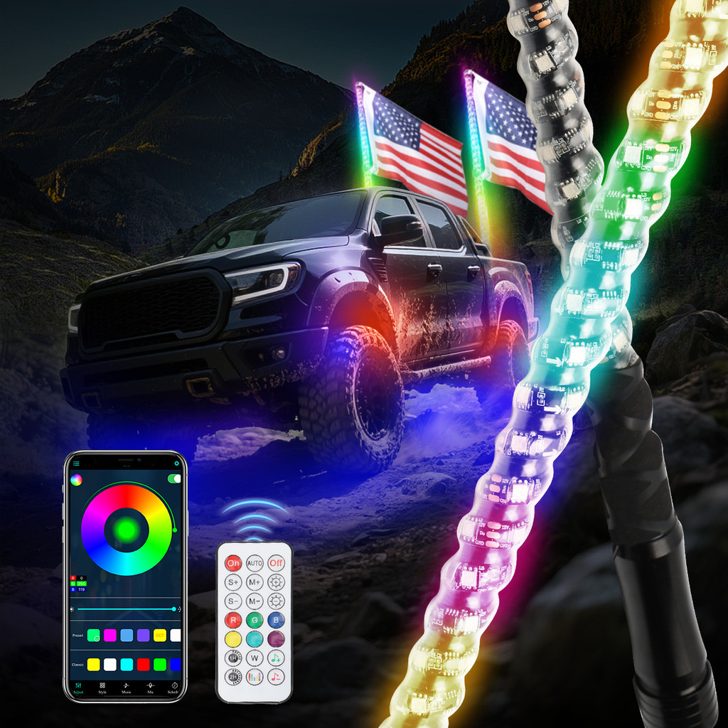 รถเสาธงไฟตกแต่งรถกระบะรถออฟโรดชายหาด Symphony LED Ambient Light APP + รีโมทคอนโทรลเสาอากาศแสงคู่การต